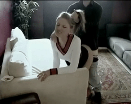 Blonde with nice boobs teases couch